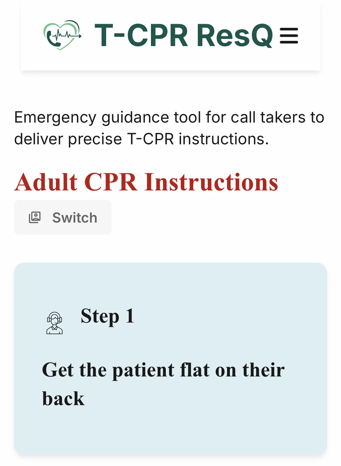 tcpr app screenshot of adult cpr steps